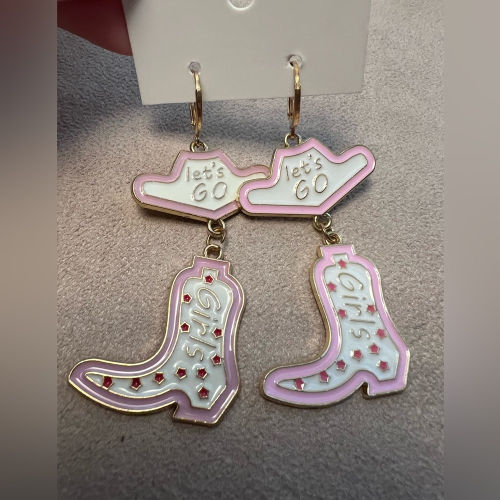 Pink ‘Let’s Go Girls’ Cowboy Boot Dangle Earrings New